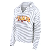 Women's Fanatics White/Gray USC Trojans Arch Logo Striped Notch Neck Pullover Hoodie