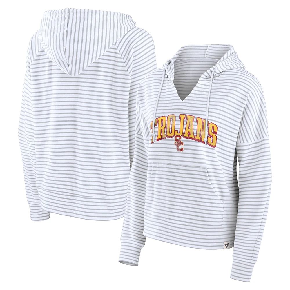 Women's Fanatics White/Gray USC Trojans Arch Logo Striped Notch Neck Pullover Hoodie