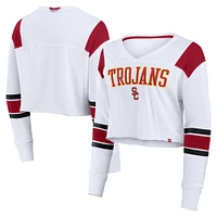 Women's Fanatics White USC Trojans Training Camp Cropped Long Sleeve V-Neck Fashion Top