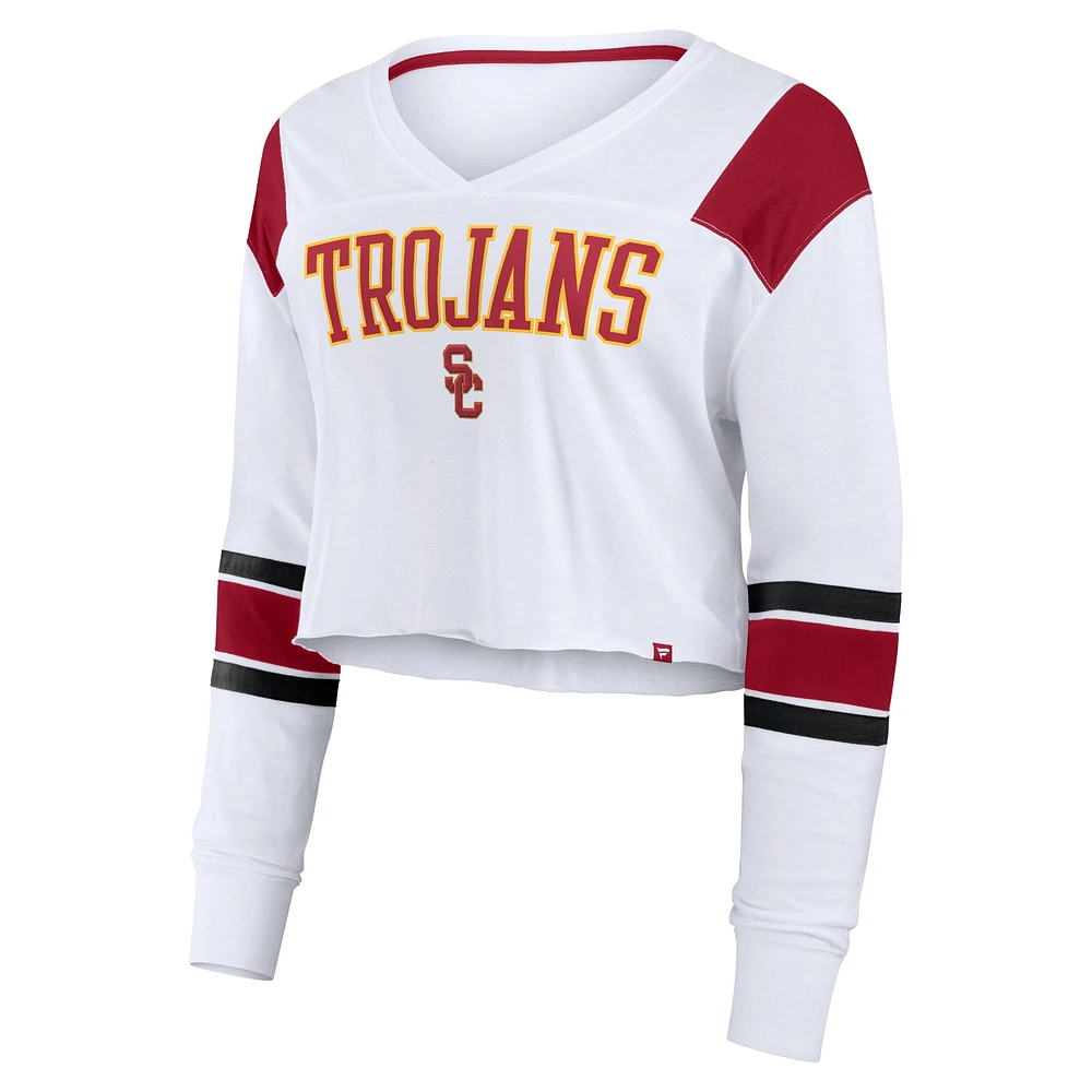 Haut court à manches longues et col en V pour femme Fanatics White USC Trojans Training Camp