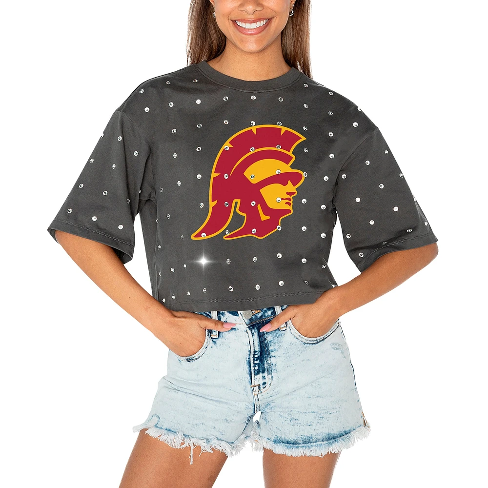 T-shirt court à strass USC Trojans Go Time pour femme Gameday Couture gris