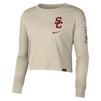 Haut court à manches longues Nike USC Trojans Varsity Letter pour femme, crème