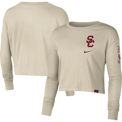 Haut court à manches longues Nike USC Trojans Varsity Letter pour femme, crème