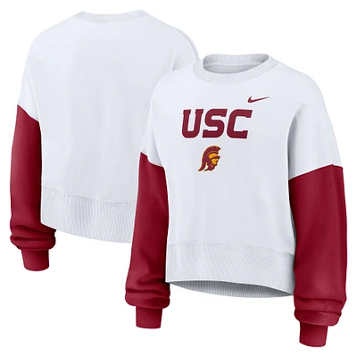 Women's Nike White USC Trojans Color-Block Oversized Cropped Pullover Sweatshirt