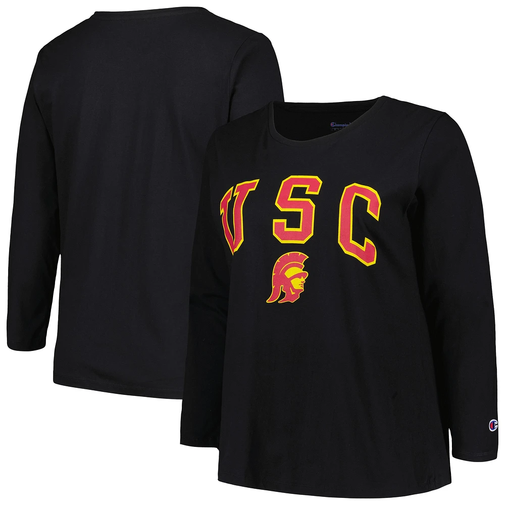 T-shirt à manches longues et col rond pour femme, noir, USC Trojans, grande taille, avec logo arqué