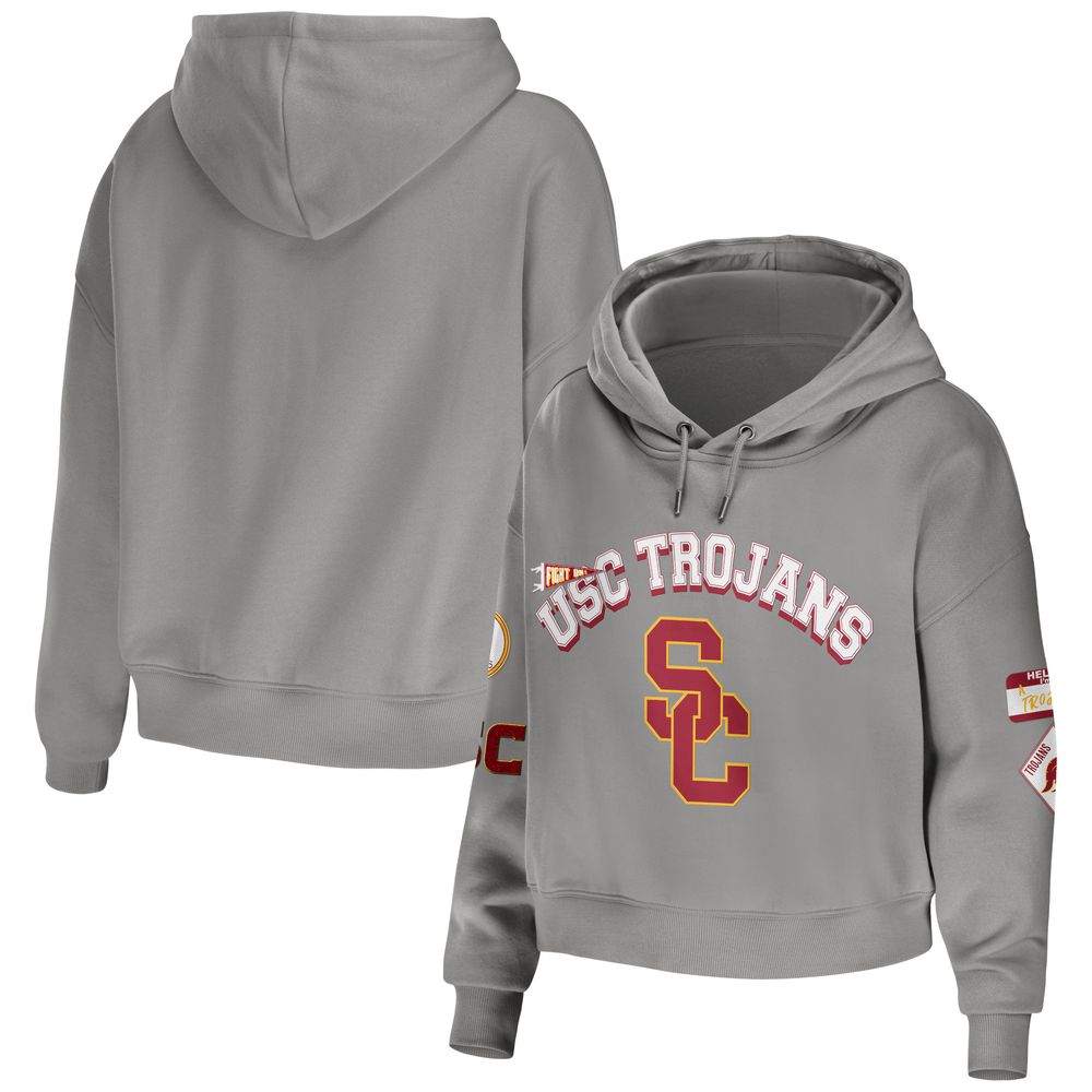 Women's WEAR by Erin Andrews Gray USC Trojans Mixed Media Cropped Pullover Hoodie