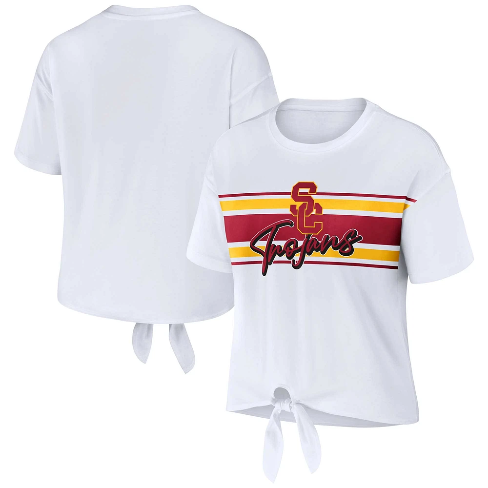 T-shirt court rayé USC Trojans WEAR by Erin Andrews pour femme avec nœud sur le devant et blanc