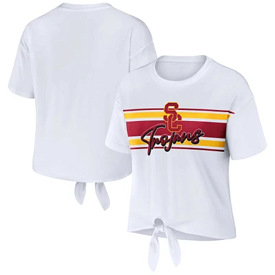 T-shirt court rayé USC Trojans WEAR by Erin Andrews pour femme avec nœud sur le devant et blanc