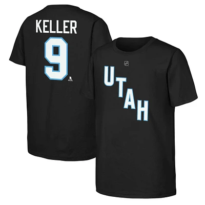 T-shirt noir avec nom et numéro de joueur du club hockey l'Utah Clayton Keller pour jeunes