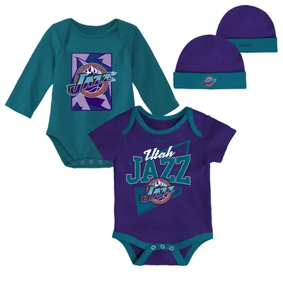 Utah Jazz Mitchell & Ness Infant Hardwood Classics Bodysuits Cuffed Knit Hat Set - Purple/Teal