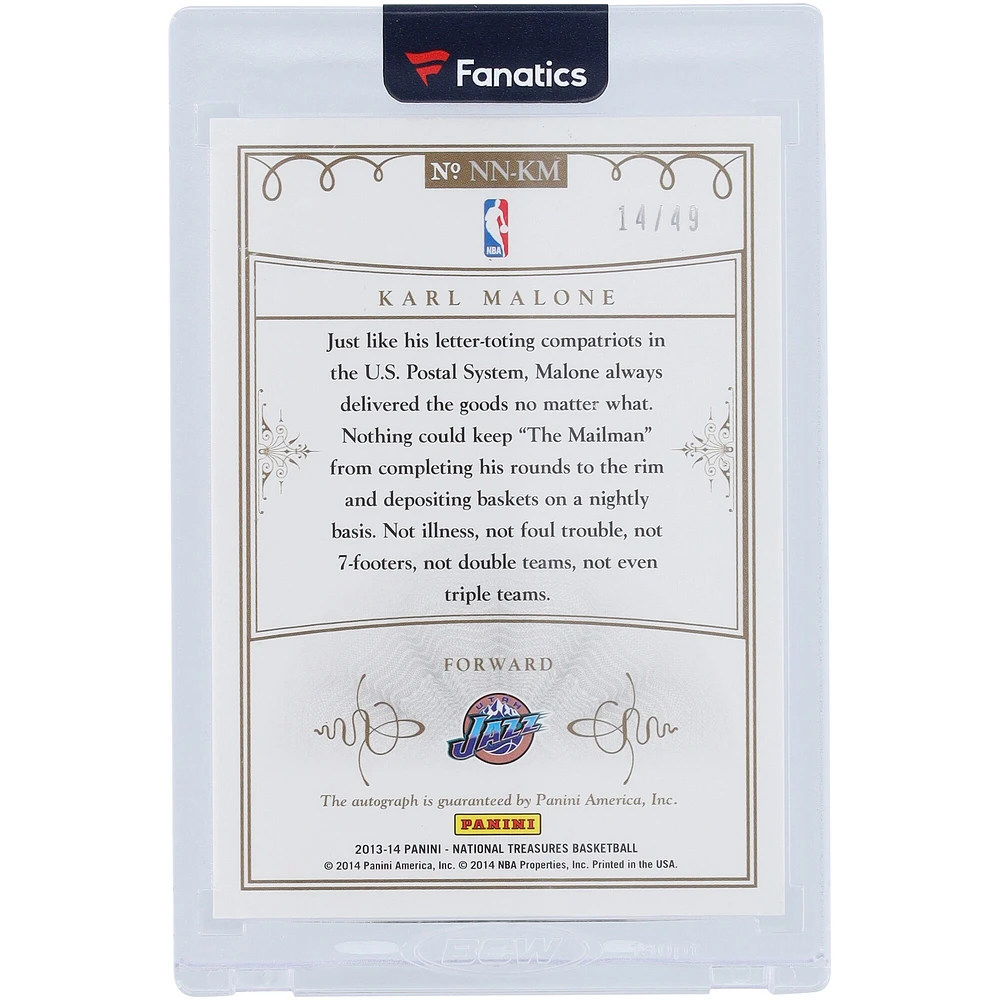 Karl Malone Utah Jazz Autographed 2013-14 Panini National Treasures Notable Nicknames #NN-KM #14/49 Card with "The Mailman" Inscription