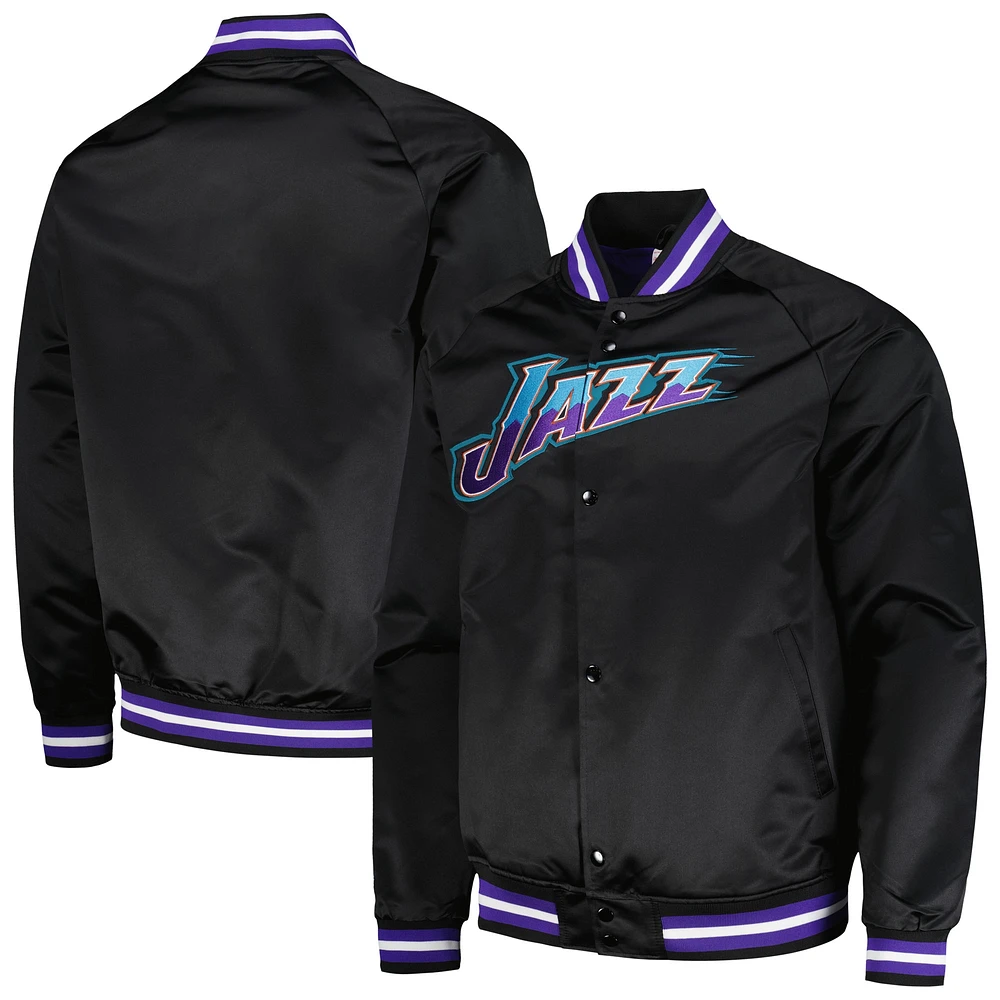 Veste à bouton-pression intégrale noire Mitchell & Ness Utah Jazz Hardwood Classics Throwback Wordmark Raglan pour hommes