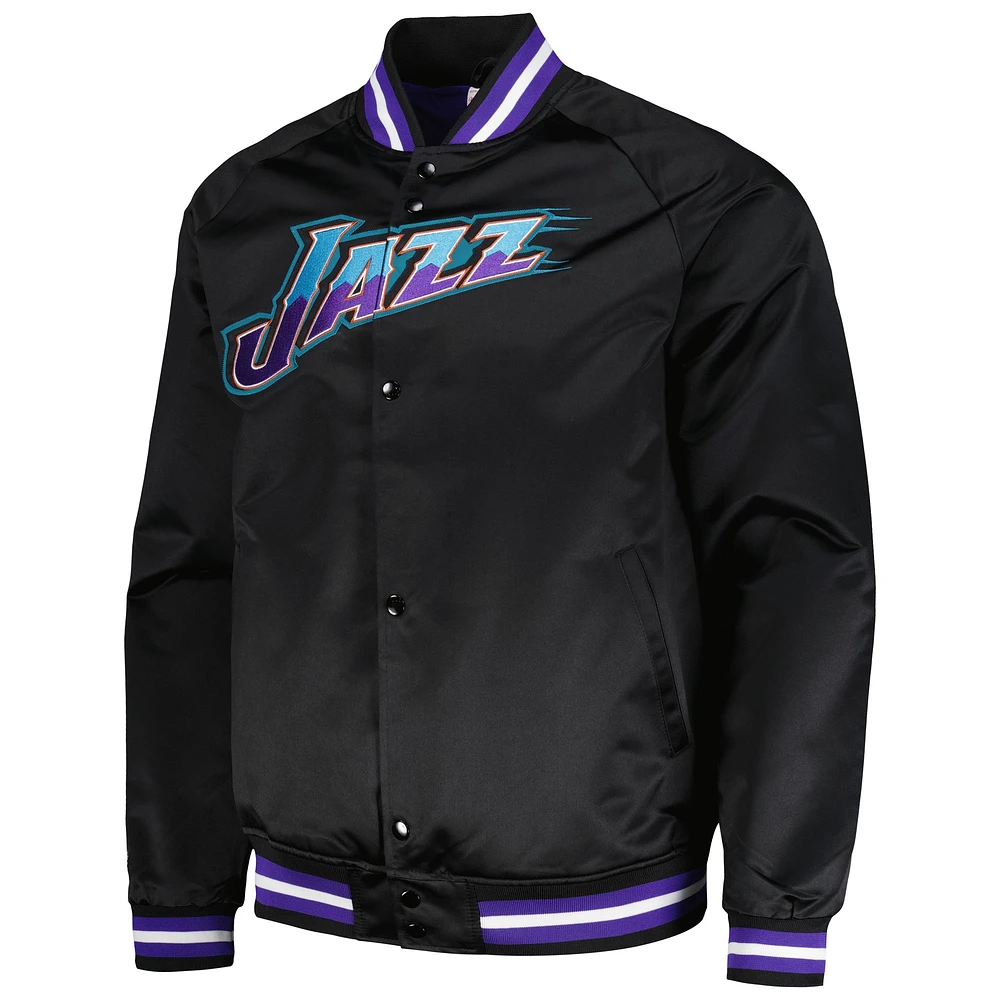 Veste à bouton-pression intégrale noire Mitchell & Ness Utah Jazz Hardwood Classics Throwback Wordmark Raglan pour hommes