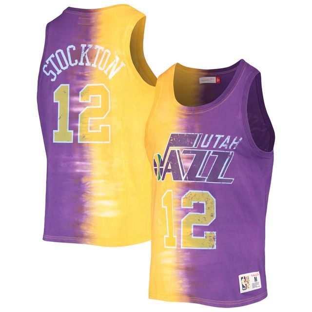 Débardeur avec nom et numéro Mitchell & Ness John Stockton doré/violet Utah Jazz Hardwood Classics pour hommes