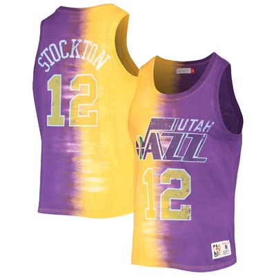 Men's Mitchell & Ness John Stockton Gold/Purple Utah Jazz Hardwood Classics Tie-Dye Name Number Tank Top