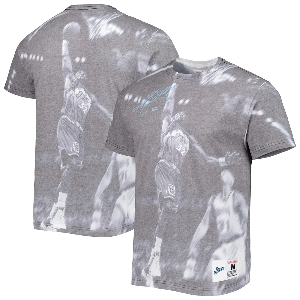 T-shirt pour homme Mitchell & Ness Karl Malone gris chiné Utah Jazz au-dessus du bord