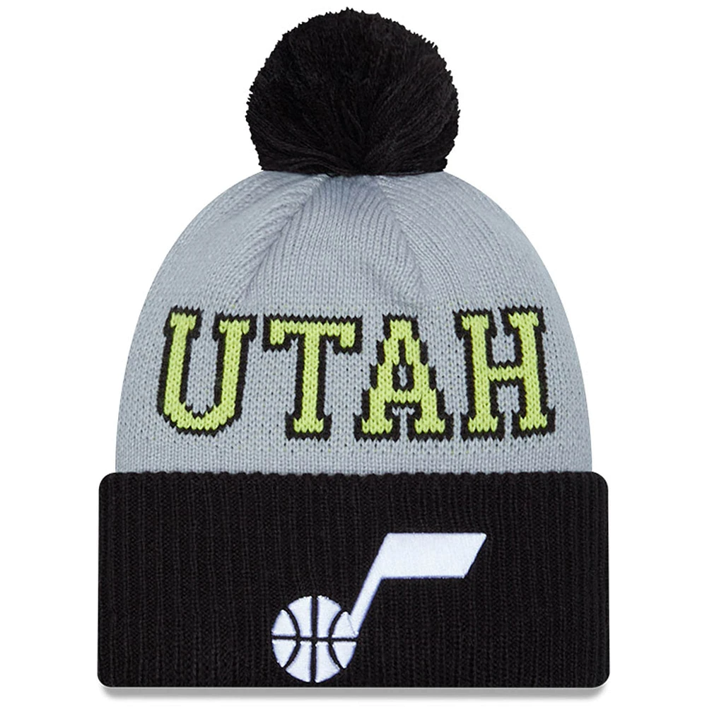 Men's New Era Black/Gray Utah Jazz Tip-Off Two-Tone Cuffed Knit Hat with Pom