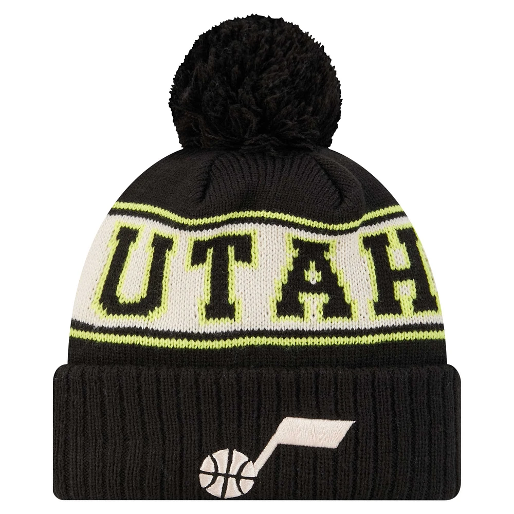 Bonnet en tricot à revers rétro Utah Jazz noir New Era pour homme avec pompon