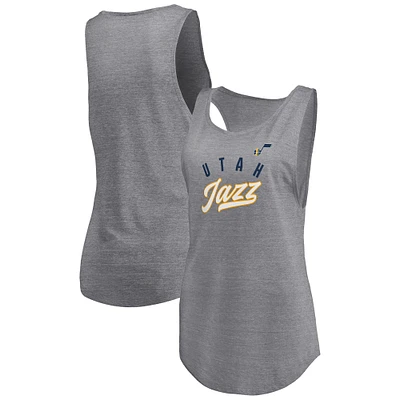 Women's Fanatics Heathered Gray Utah Jazz Quality Time Open Scoop Neck Tri-Blend Tank Top