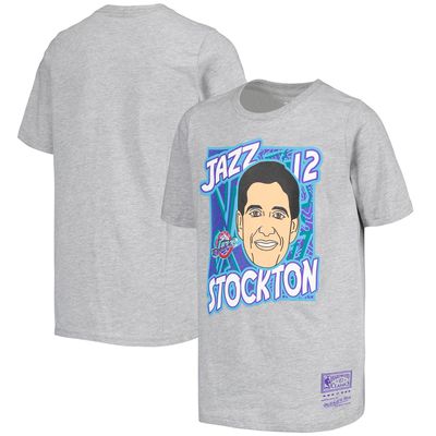 Youth Mitchell & Ness John Stockton Gray Utah Jazz Hardwood Classics King of the Court Player T-Shirt