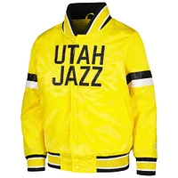 Veste universitaire à bouton-pression en satin jaune Utah Jazz Home Game pour jeunes débutants