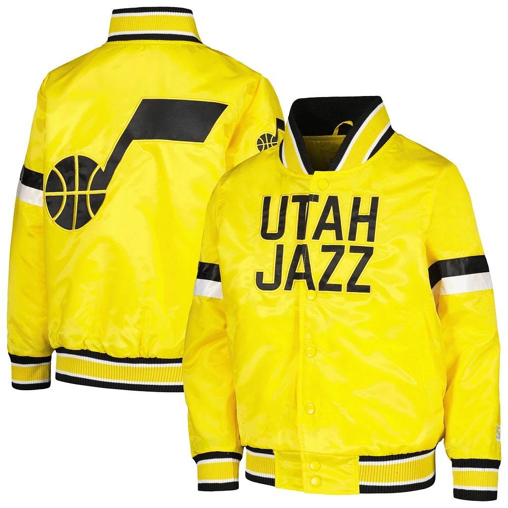 Veste universitaire à bouton-pression en satin jaune Utah Jazz Home Game pour jeunes débutants