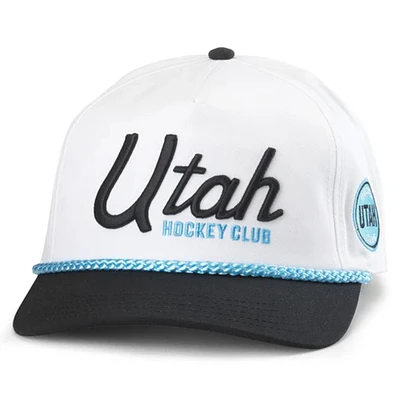 V110776 NHL UTAH WHITE BLACK 24 NHL AM1 ROSCOE WASHED TWILL SCRIPT SNAPBACK HAT HATMENSTR