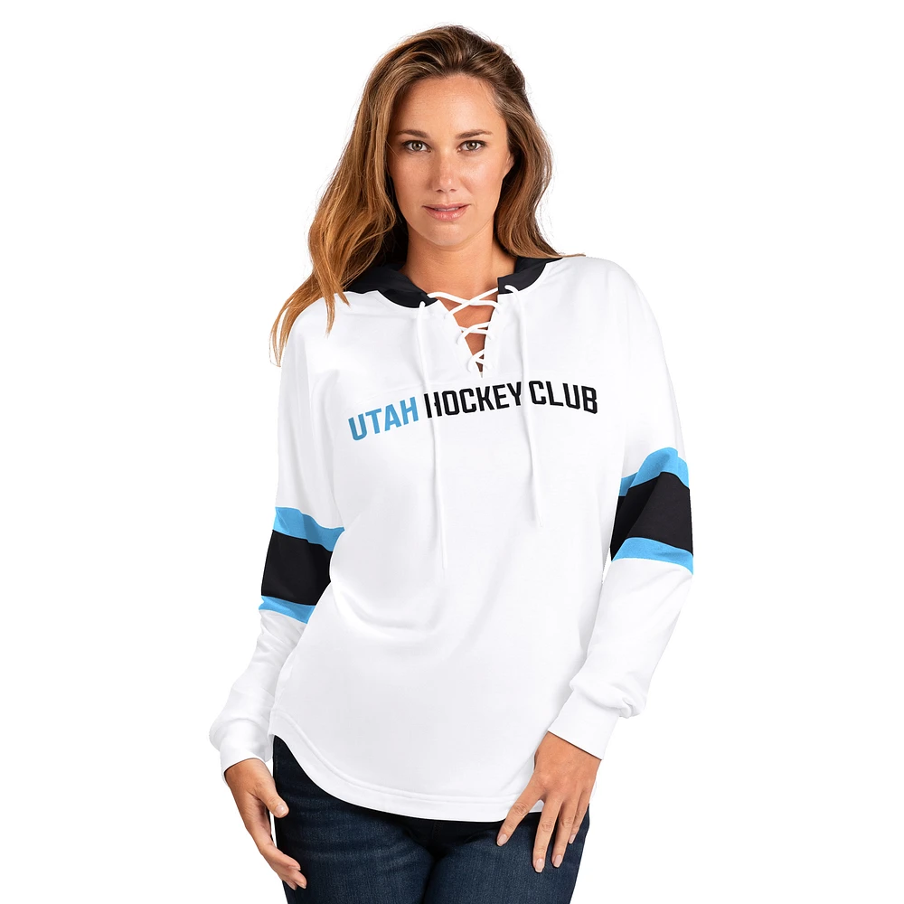 Women's G-III 4Her by Carl Banks  White Utah Hockey Club Goal Zone Long Sleeve Lace-Up Hoodie T-Shirt