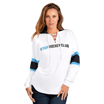 Women's G-III 4Her by Carl Banks  White Utah Hockey Club Goal Zone Long Sleeve Lace-Up Hoodie T-Shirt