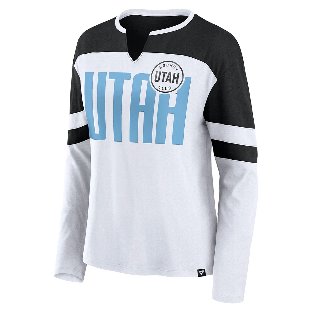 Women's Fanatics White/Black Utah Hockey Club Frozen Notch Neck Long Sleeve T-Shirt