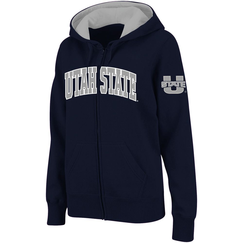 Women's Stadium Athletic Navy Utah State Aggies Arched Name Full-Zip Hoodie