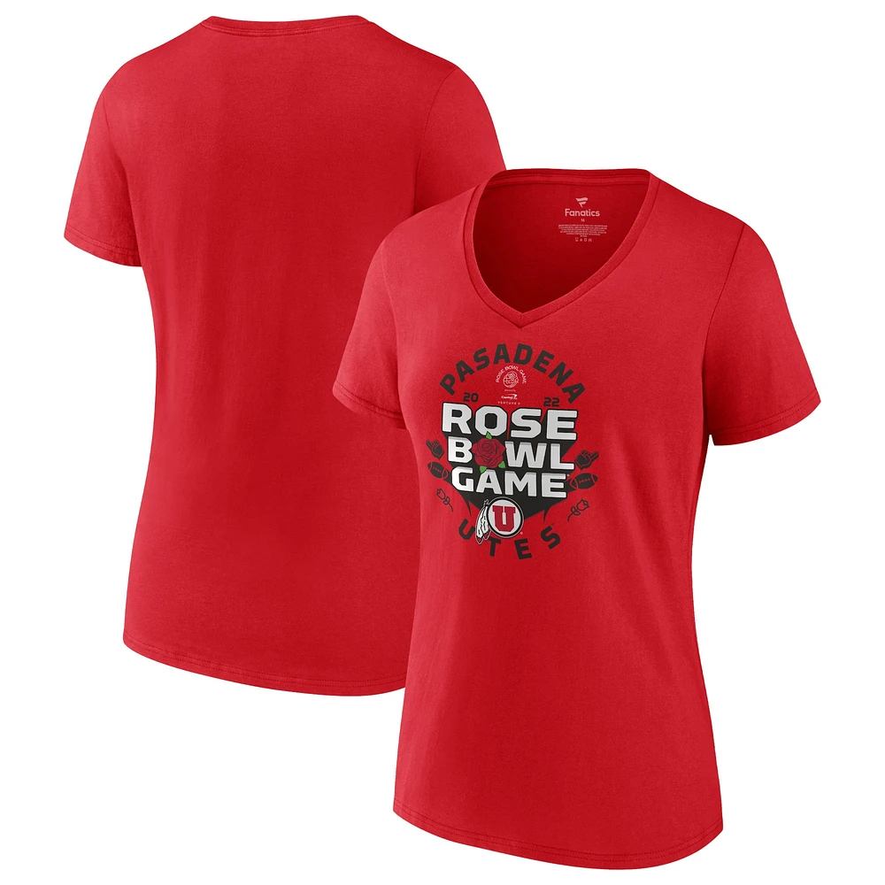 T-shirt à col en V Fanatics Red Utah Utes 2022 Rose Bowl Bound Whistle pour femmes