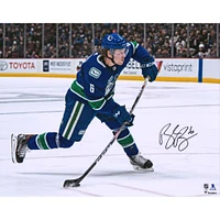 Brock Boeser Vancouver Canucks Autographed 16" x 20" Blue Jersey Shooting Photograph