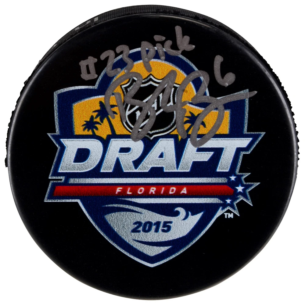 Rondelle de hockey dédicacée par Brock Boeser des Canucks de Vancouver avec logo du repêchage 2015 de la LNH avec inscription « #23 Pick »
