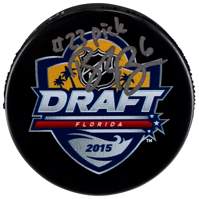 Rondelle de hockey dédicacée par Brock Boeser des Canucks de Vancouver avec logo du repêchage 2015 de la LNH avec inscription « #23 Pick »