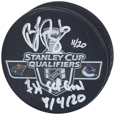 Brock Boeser Vancouver Canucks Autographed 2020 Stanley Cup Qualifiers vs. Minnesota Wild Match-Up Puck with "1st SCP Goal 8/4/20" Inscription- Limited Edition of 20