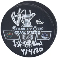 Rondelle autographiée par Brock Boeser des Canucks de Vancouver lors du match de qualification pour la Coupe Stanley 2020 contre le Wild du Minnesota avec l'inscription « 1st SCP Goal 8/4/20 » - Édition limitée à 20 exemplaires