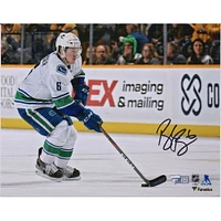 Brock Boeser Vancouver Canucks Autographed 8" x 10" White Jersey Skating with Puck Photograph