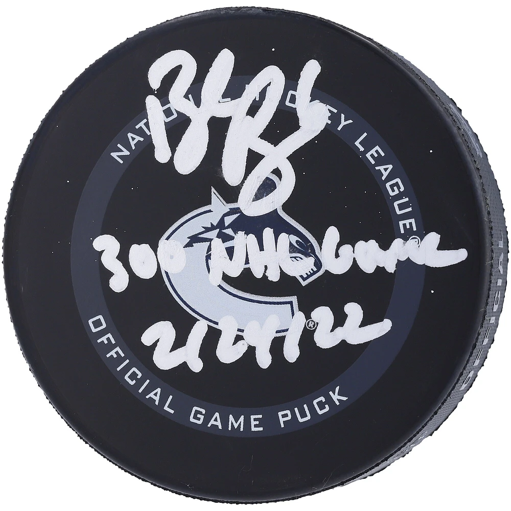 Brock Boeser Vancouver Canucks Autographed Official Game Puck with "300th NHL Game 2/24/22" Inscription