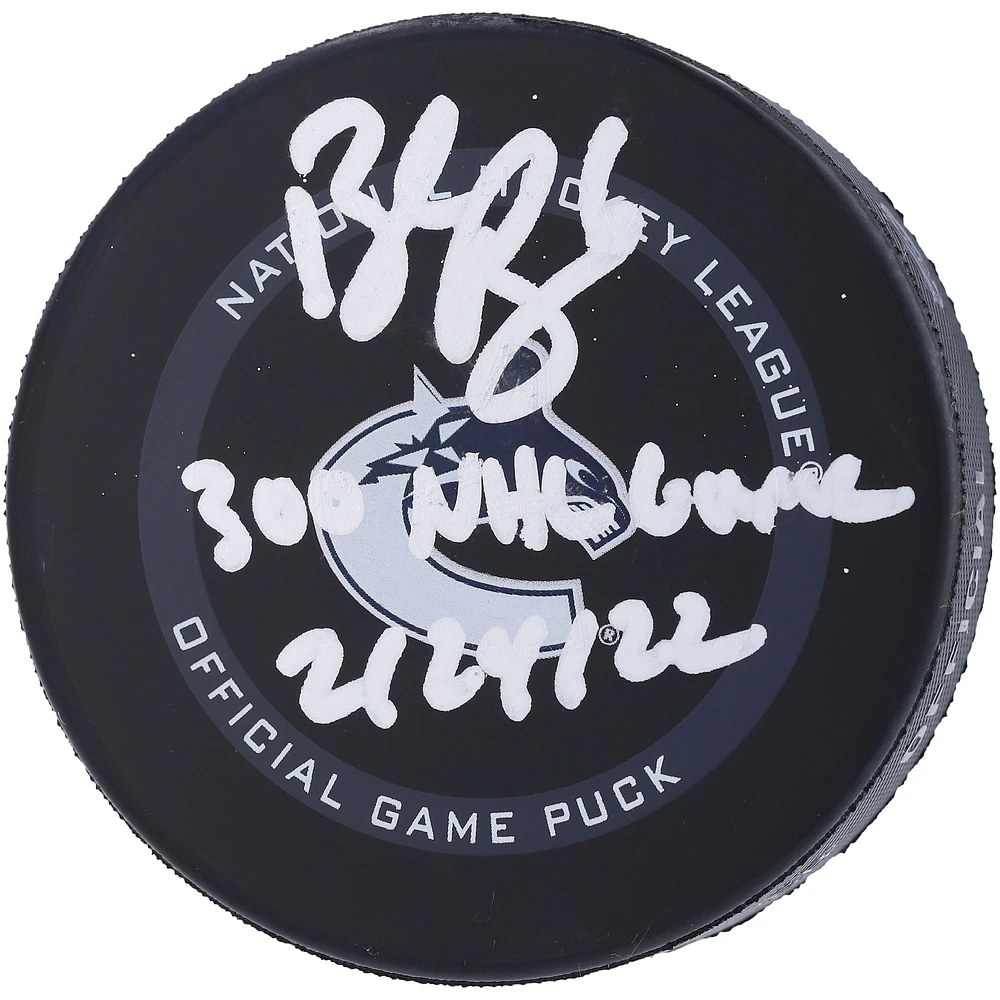 Brock Boeser Vancouver Canucks Autographed Official Game Puck with "300th NHL Game 2/24/22" Inscription