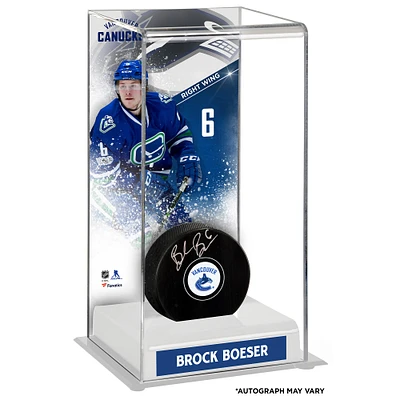 Brock Boeser Vancouver Canucks Autographed Puck with Deluxe Tall Hockey Puck Case