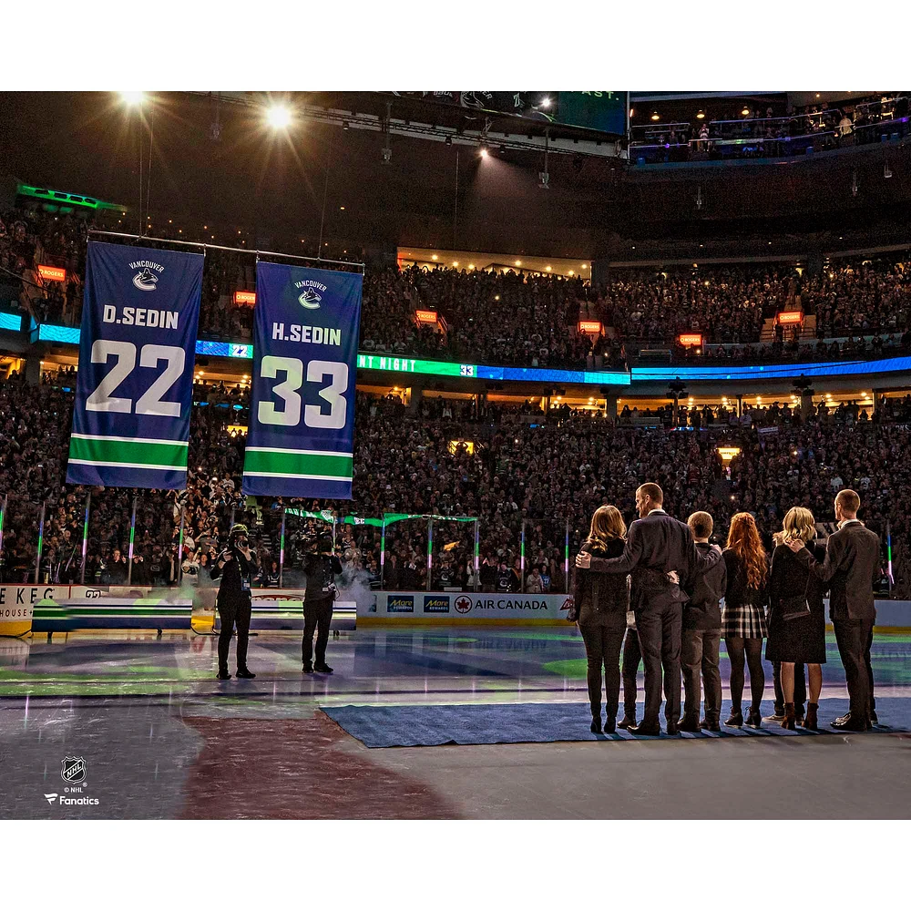 Daniel Sedin and Henrik Vancouver Canucks Unsigned Jersey Retirement Night Banner Raising Photograph