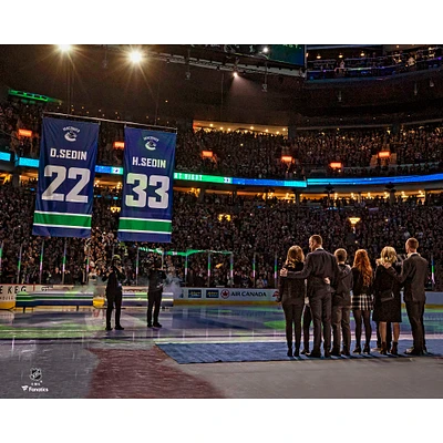 Daniel Sedin and Henrik Vancouver Canucks Unsigned Jersey Retirement Night Banner Raising Photograph