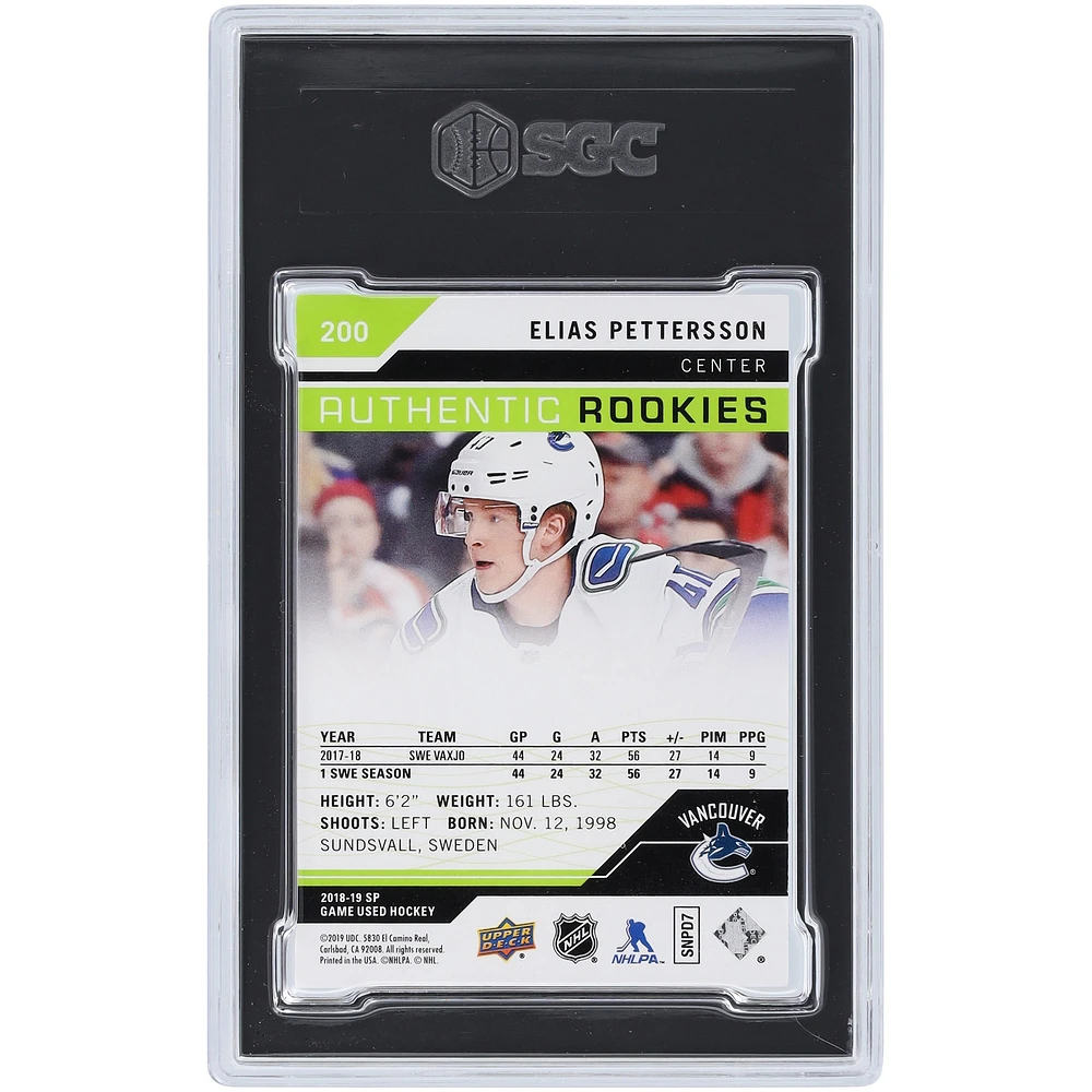 Elias Pettersson Vancouver Canucks 2018-19 Upper Deck SP Game Used Green Storm #200 #1/1 SGC Authenticated 9 Rookie Card 
