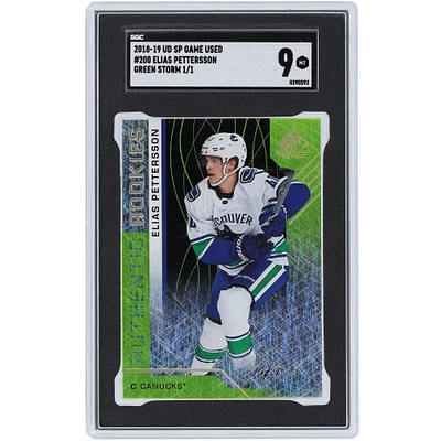 Elias Pettersson Vancouver Canucks 2018-19 Upper Deck SP Game Used Green Storm #200 #1/1 SGC Authenticated 9 Rookie Card 