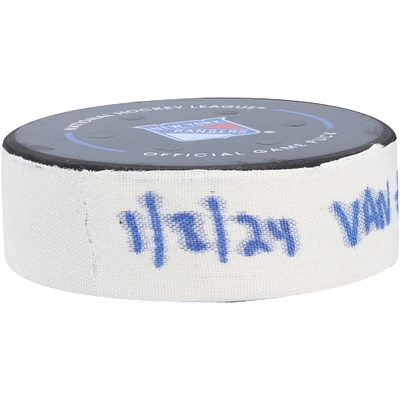 Elias Pettersson Vancouver Canucks Game-Used Goal Puck vs. New York Rangers on January 8, 2024 - Second of Two Goals Scored