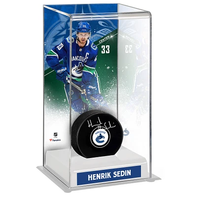 Henrik Sedin Vancouver Canucks Autographed Puck with Deluxe Tall Hockey Puck Case