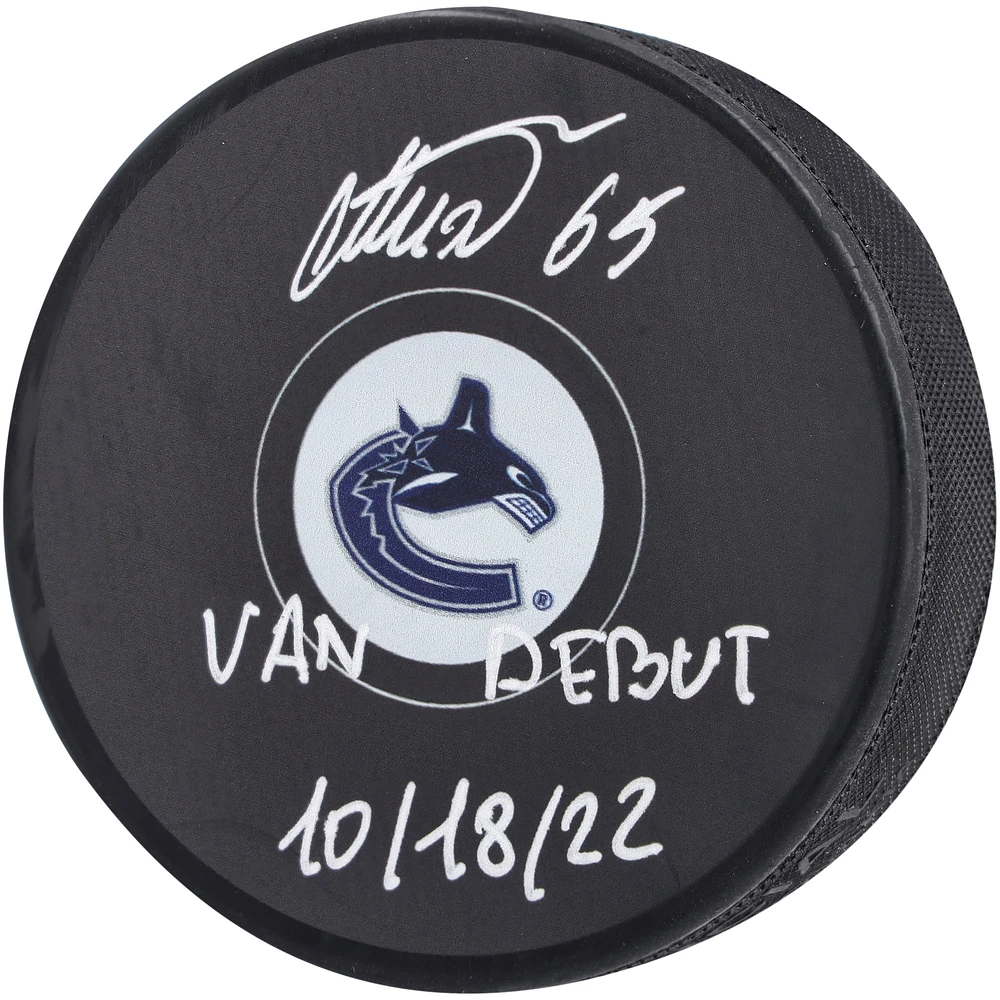 Ilya Mikheyev Vancouver Canucks Autographed Hockey Puck with "Van Debut 10/18/22" Inscription