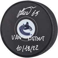 Ilya Mikheyev Vancouver Canucks Autographed Hockey Puck with "Van Debut 10/18/22" Inscription
