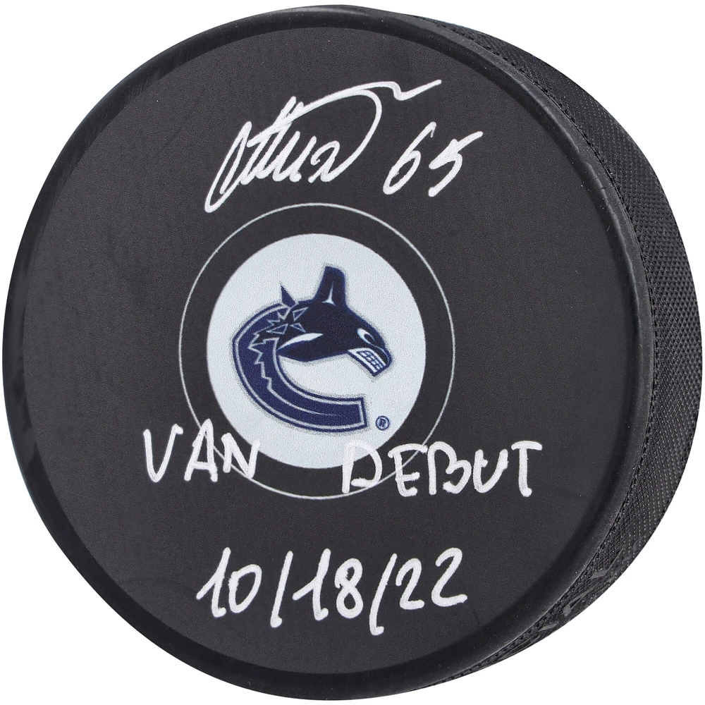 Ilya Mikheyev Vancouver Canucks Autographed Hockey Puck with "Van Debut 10/18/22" Inscription